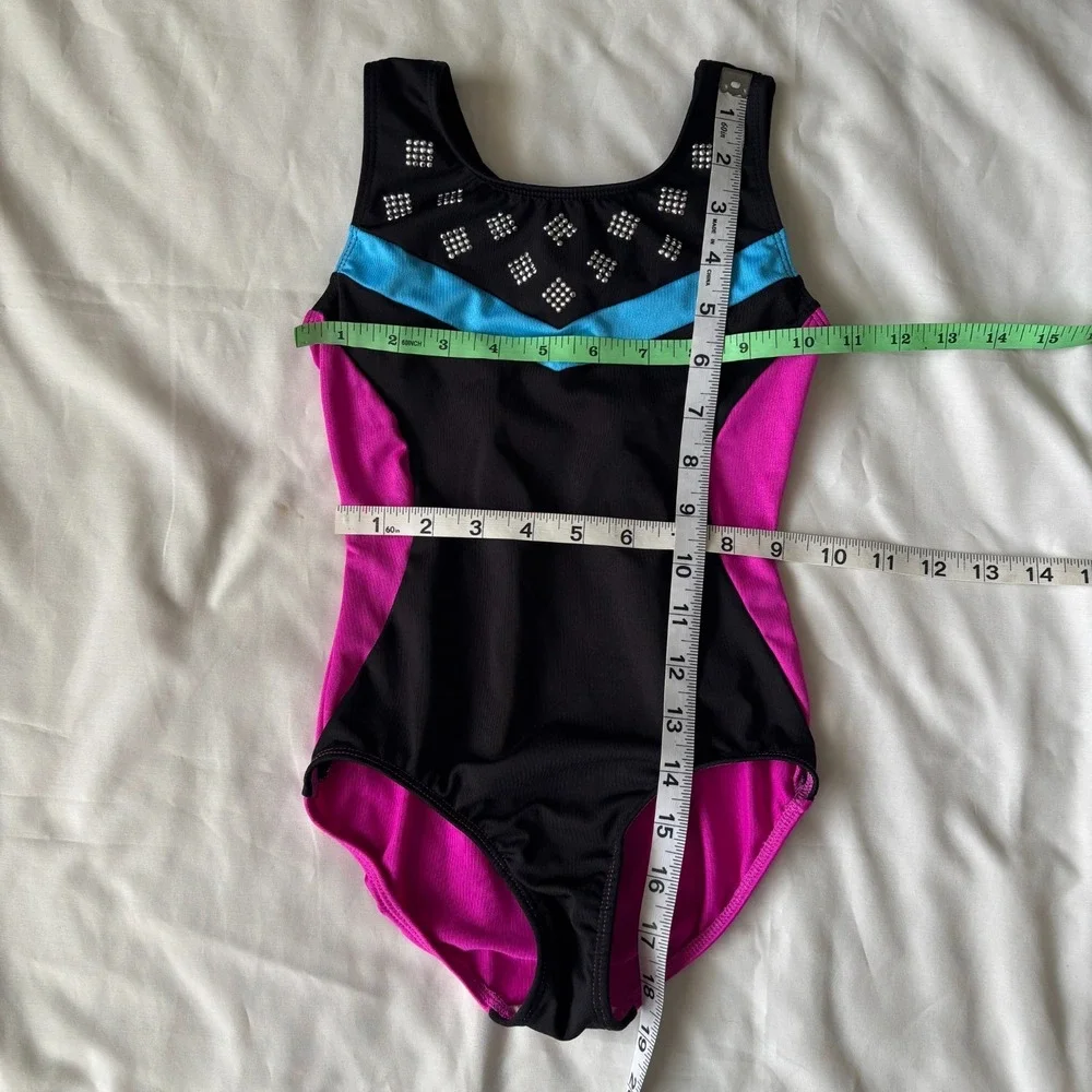 Danskin Freestyle Child Small Gymnastics‎ Leotard Black Pink Blue Rhinestone